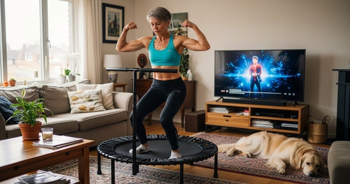 A woman flexing her muscles while rebounding