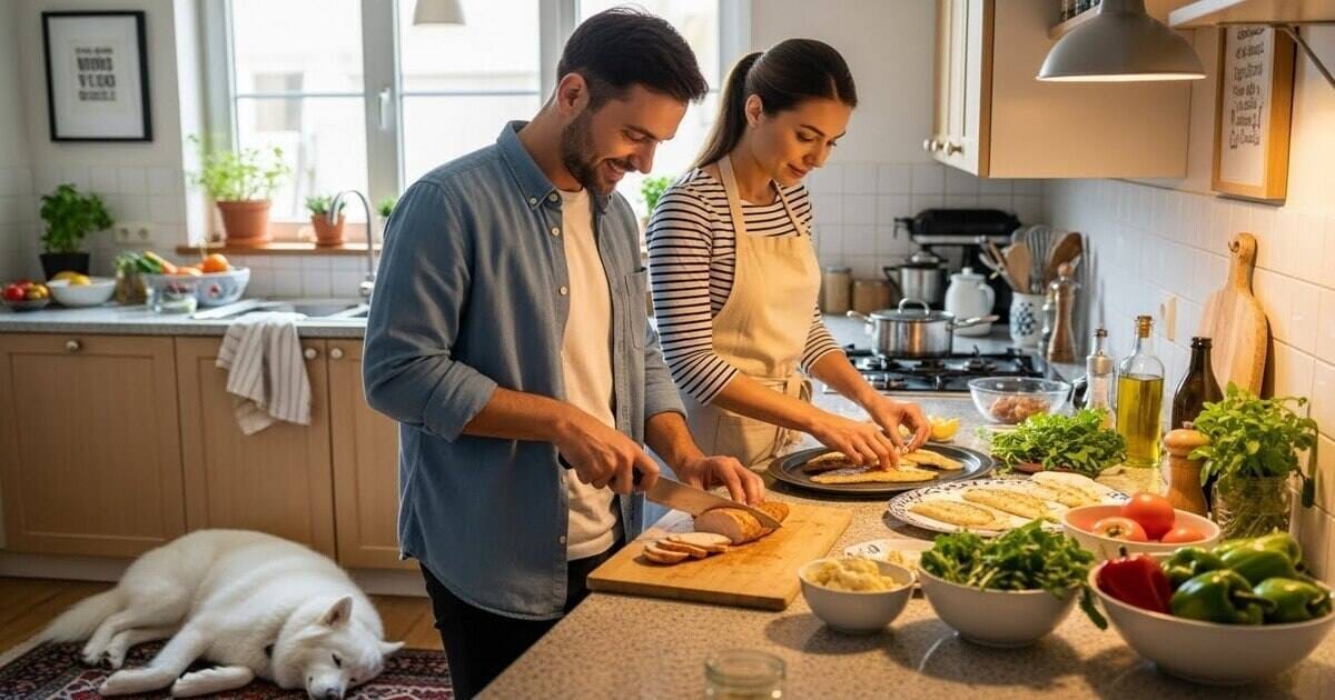 A couple and their dog, preparing lean meats like fish and chicken in their modern kitchen.