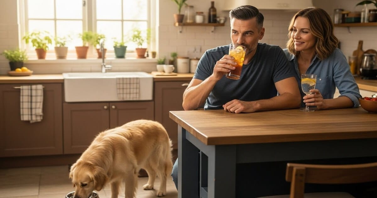A couple and their dog enjoying a refreshing cold drink