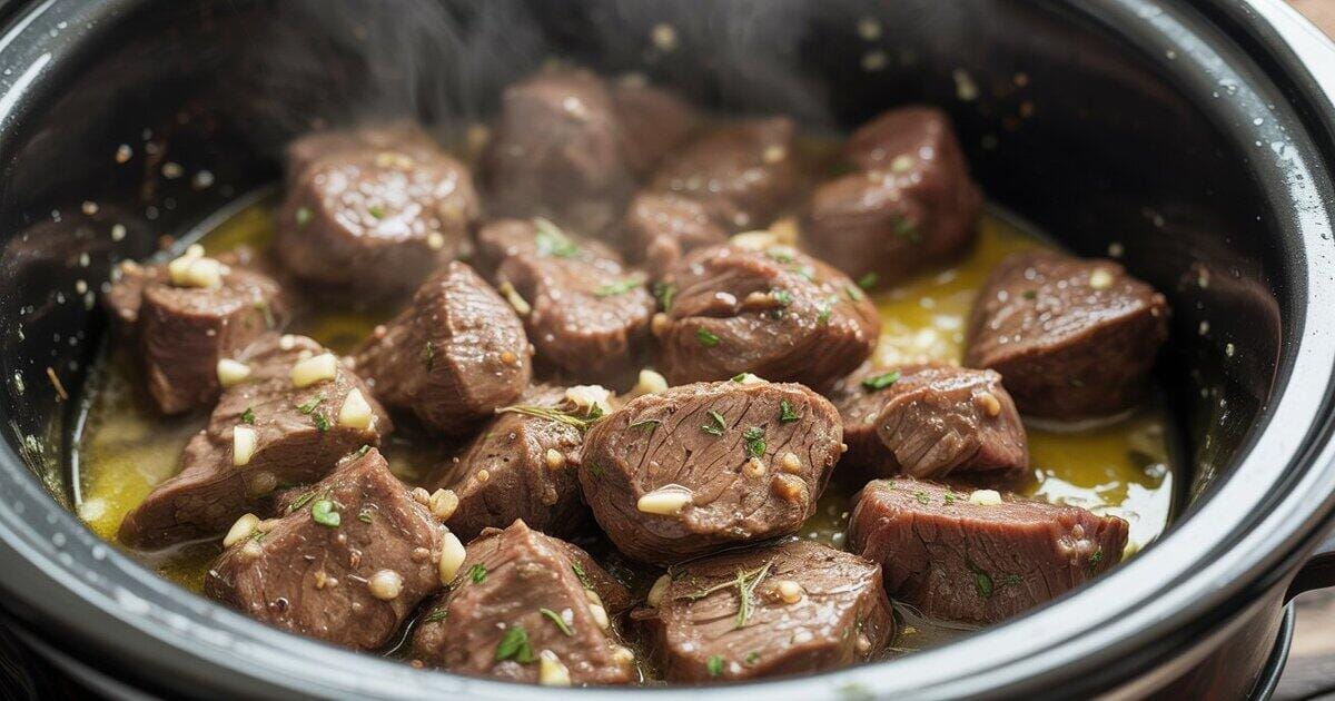 Delicious beef stew simmering in an open crock pot