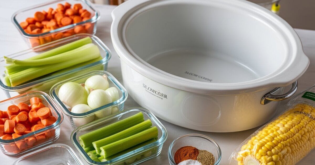 A variety of vegetables, spices and other items on a table, in prepartion for the meal using a crock pot. 