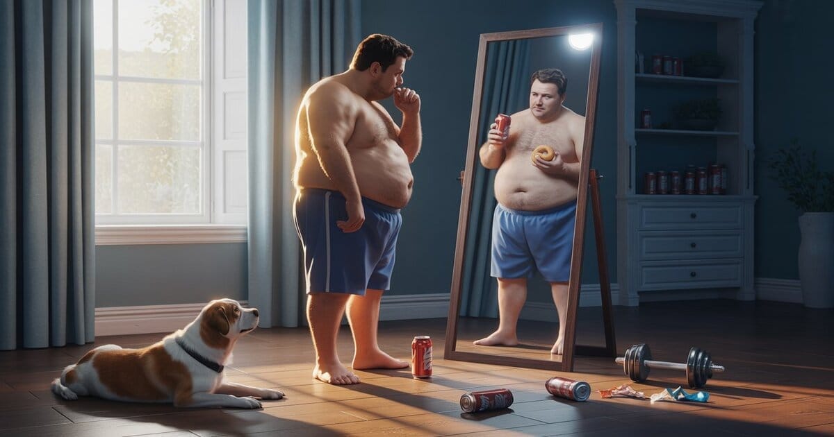 A man looking at himself in the mirror and having doubts that he could change his life.