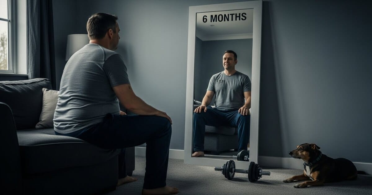 A man sitting on the edge of a couch and looking at himself in the mirror. His dog and a dumbbell is nearby 