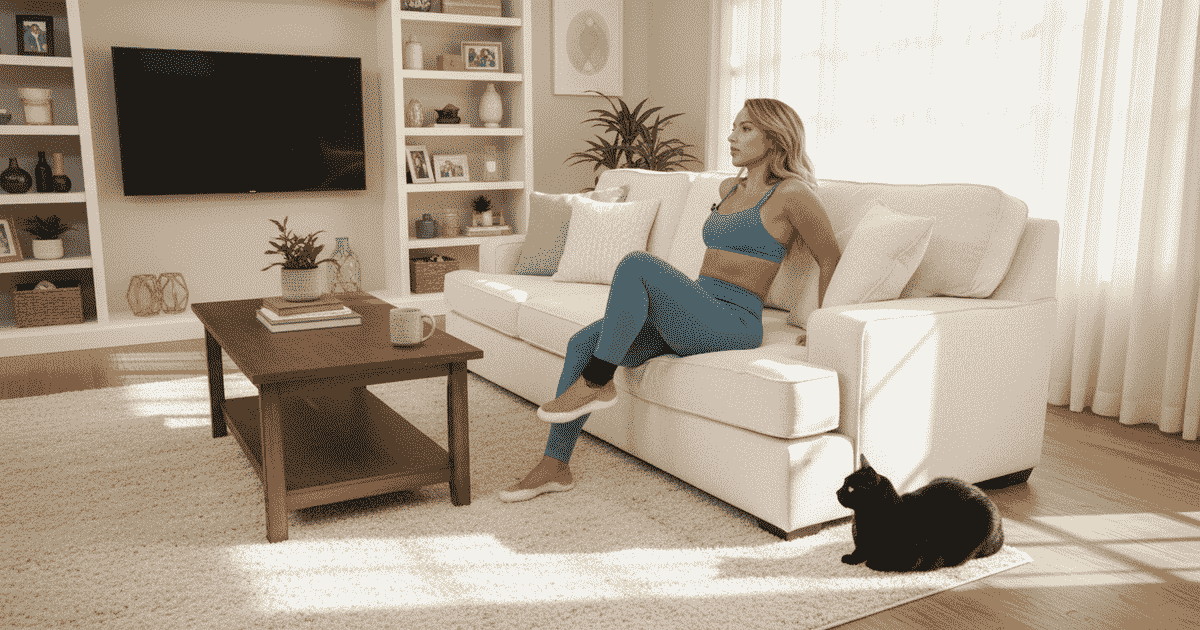 A woman doing the lean back marching exdercise on her living room couch
