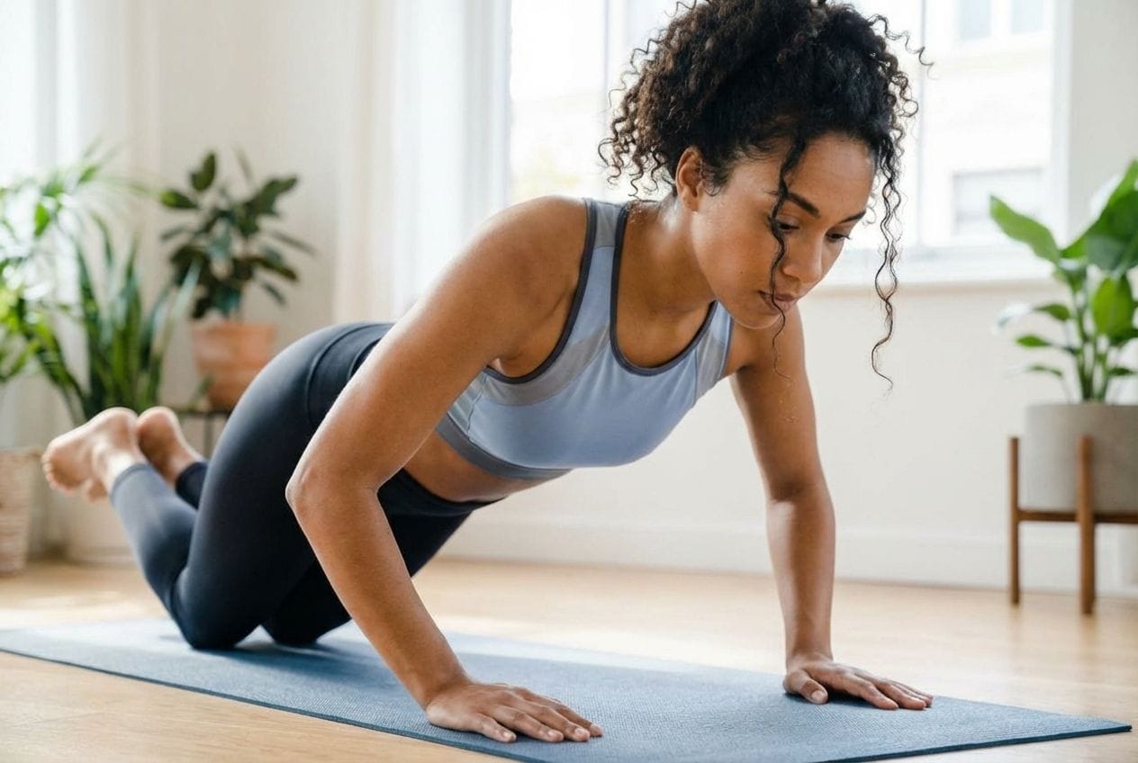 An individual demonstrating proper knee pushup form on an exercise mat