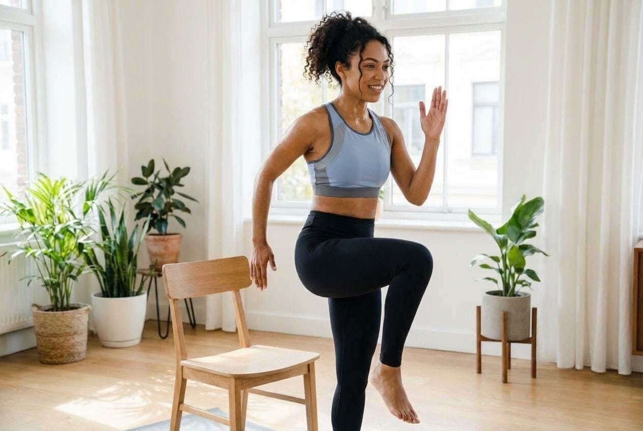 An individual performing a marching in place exercise with high knees in a living room