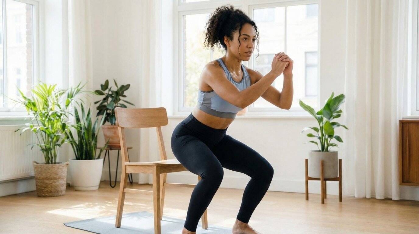 A woman doing body weight squats in her living room