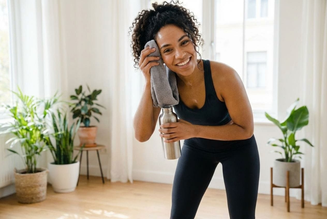 A smiling woman holding a towel and water bottle after a workout