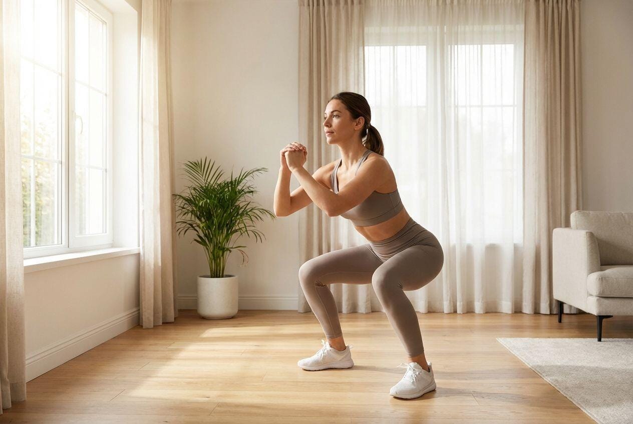 A person performing a deep squat exercise in a living room