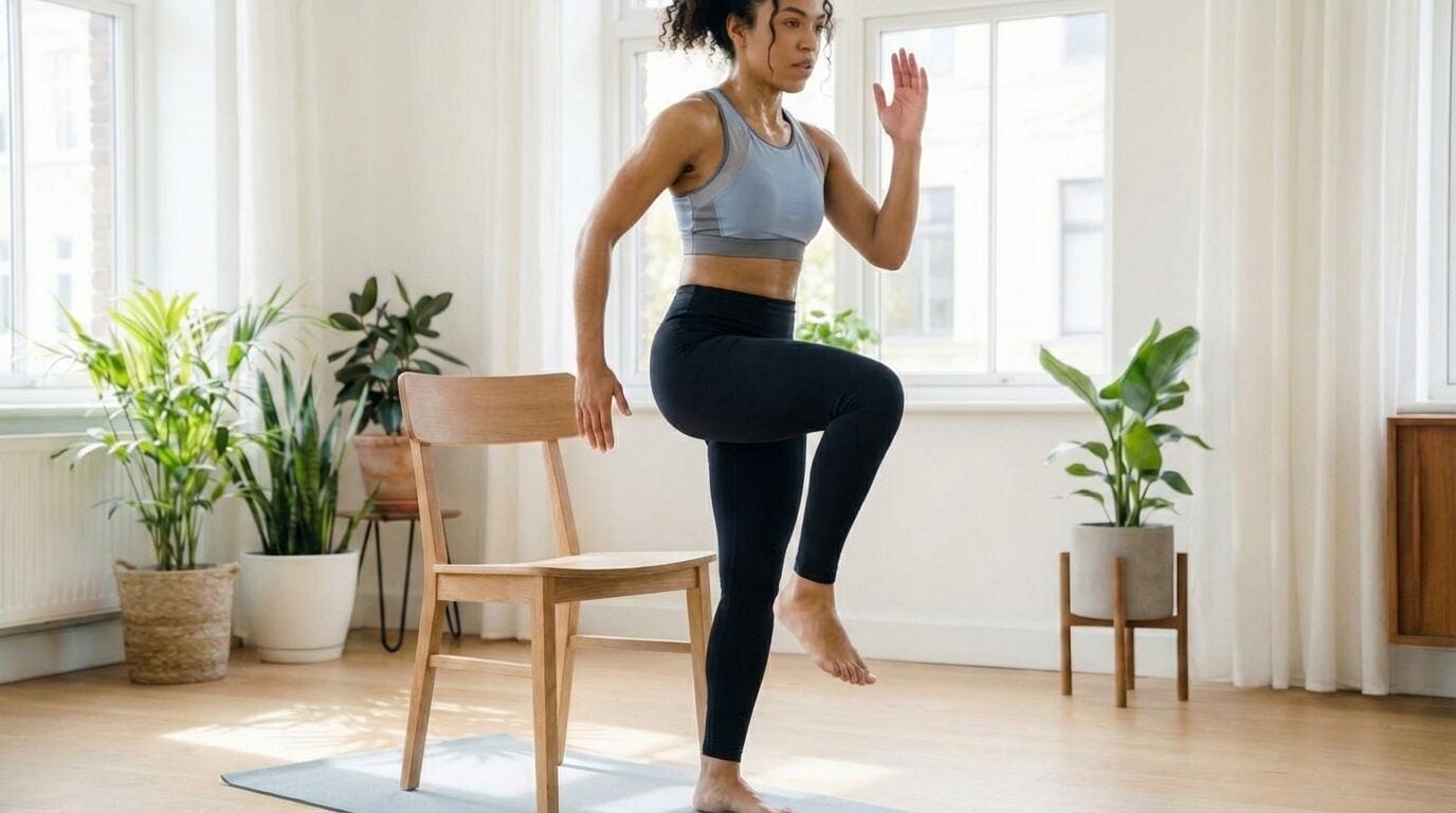 A woman marching in place in her living room