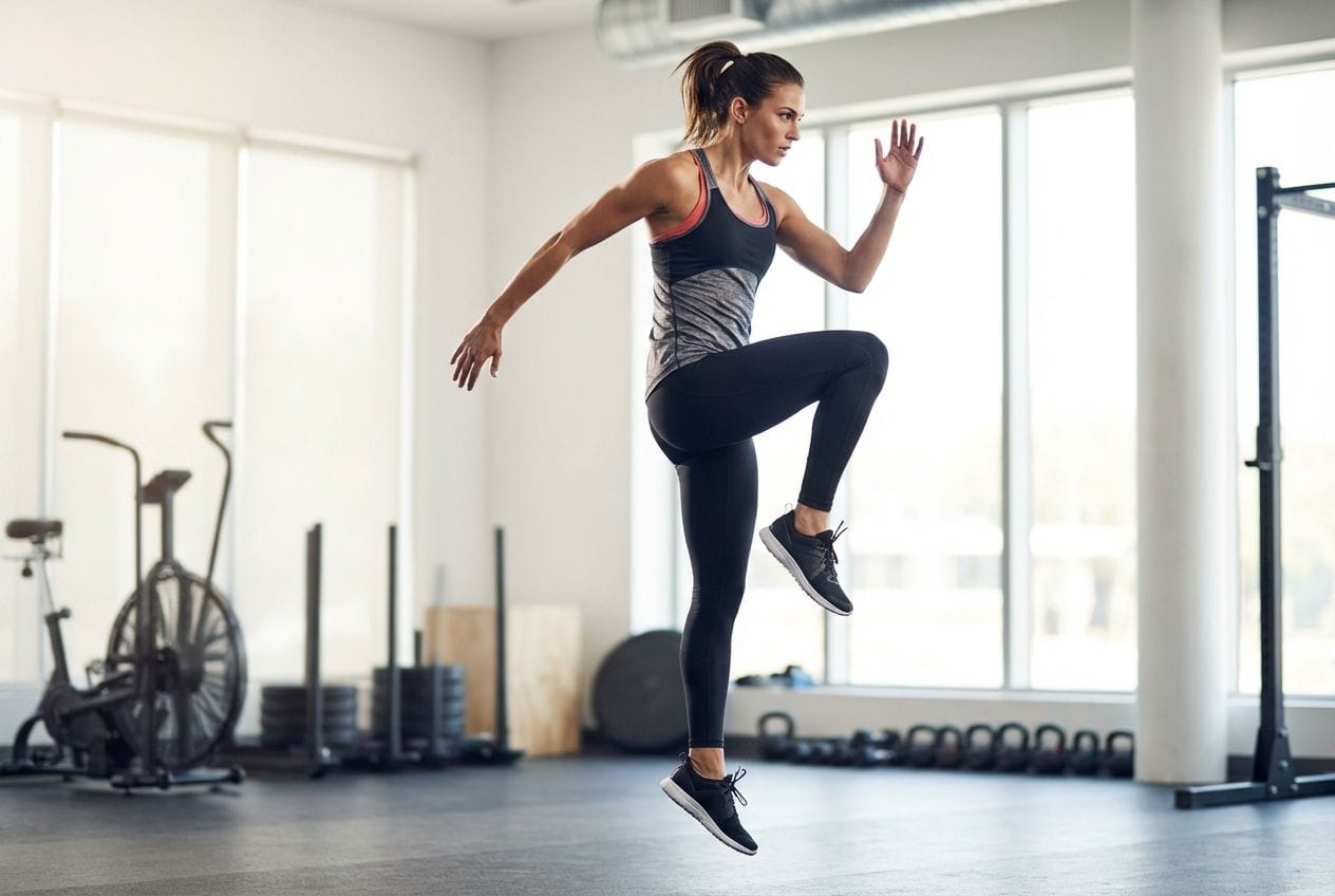 A person performing a knee lift with a cross-step motion
