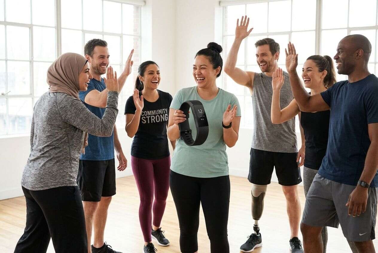 A diverse group of happy people in sportswear chatting and smiling