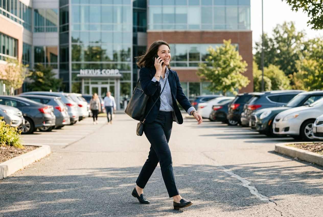A woman walking briskly outdoors while talking on her smartphone