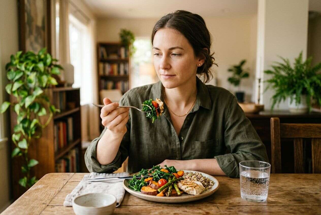 A person practicing mindful eating with a healthy meal and water 