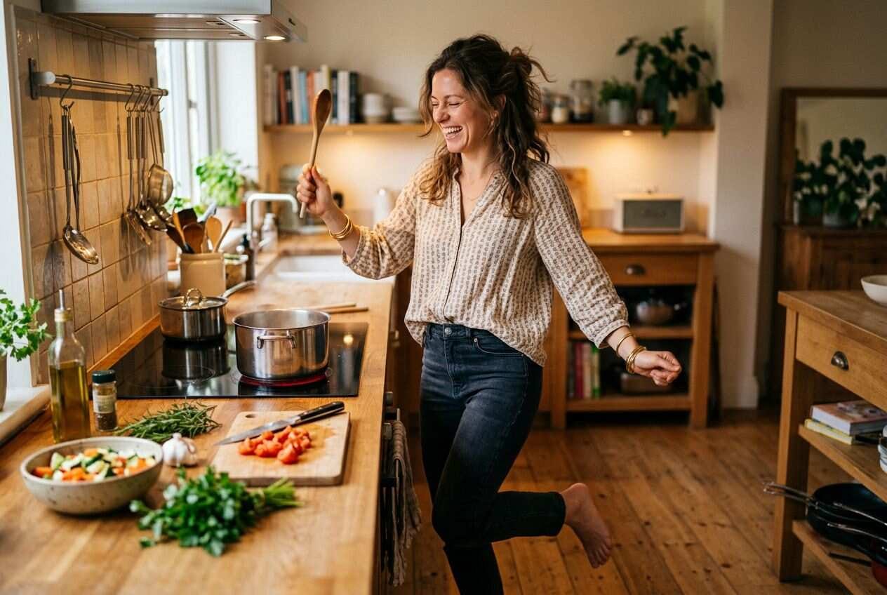 A woman dancing happily while cooking in her kitchen 