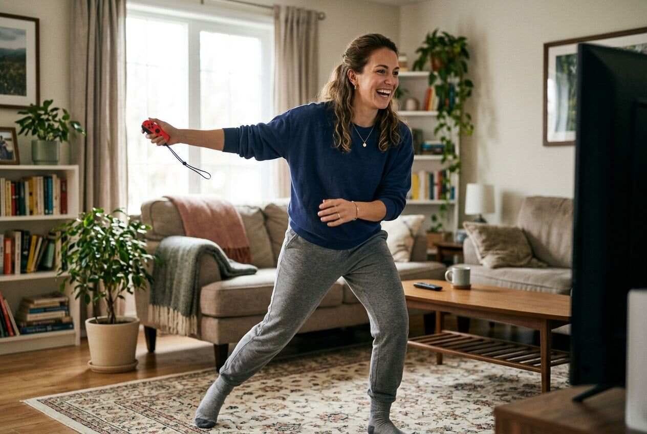 A person playing an active motion-controlled video game in a living room