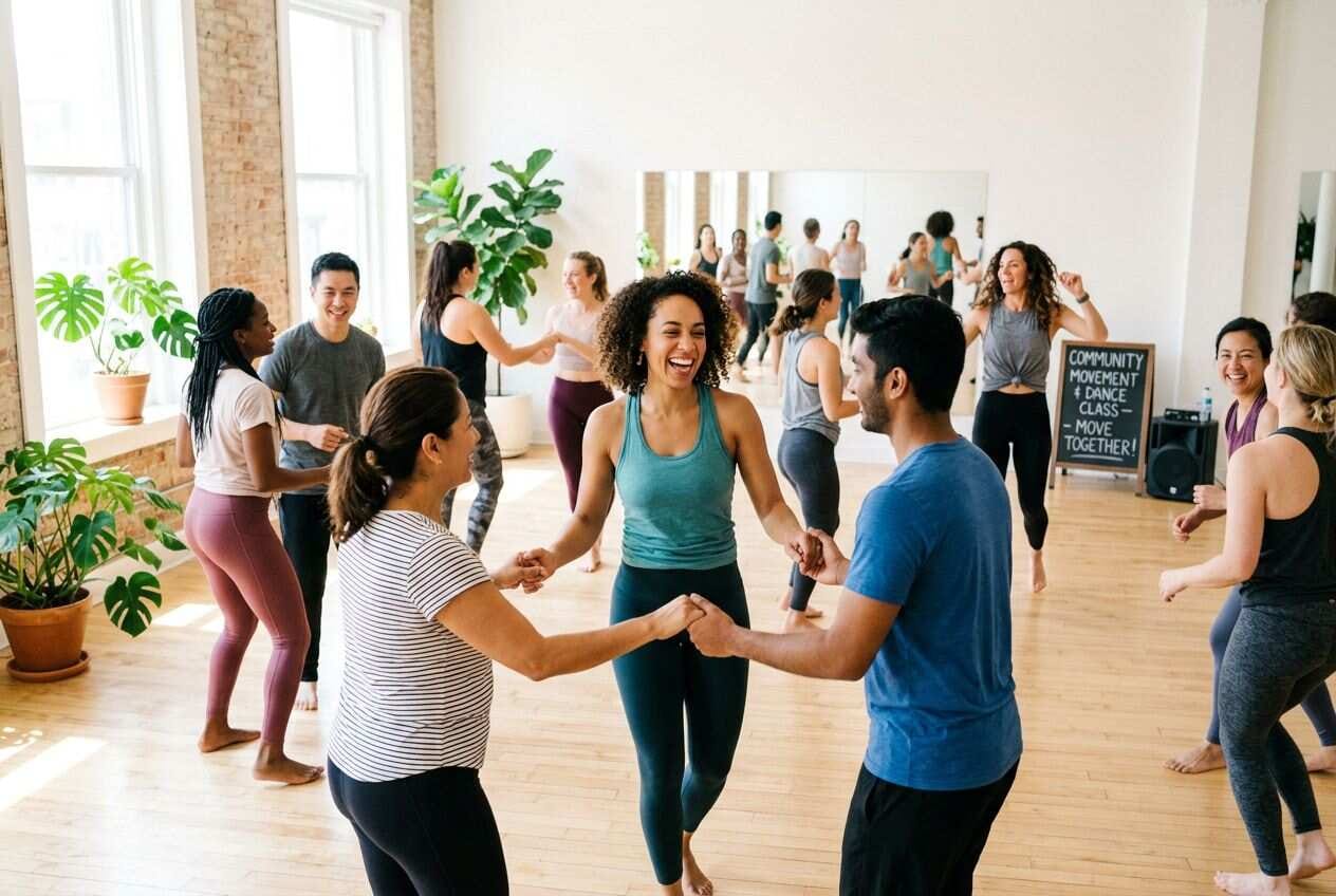A diverse group of people enjoying a fun beginner dance or fitness class 