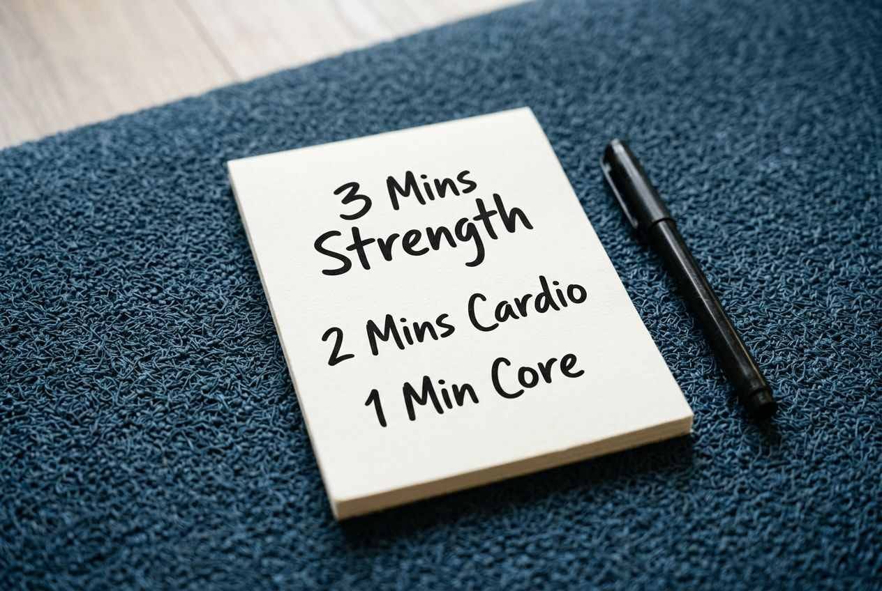 A handwritten note on a yoga mat outlining the 3-2-1 workout rule.
