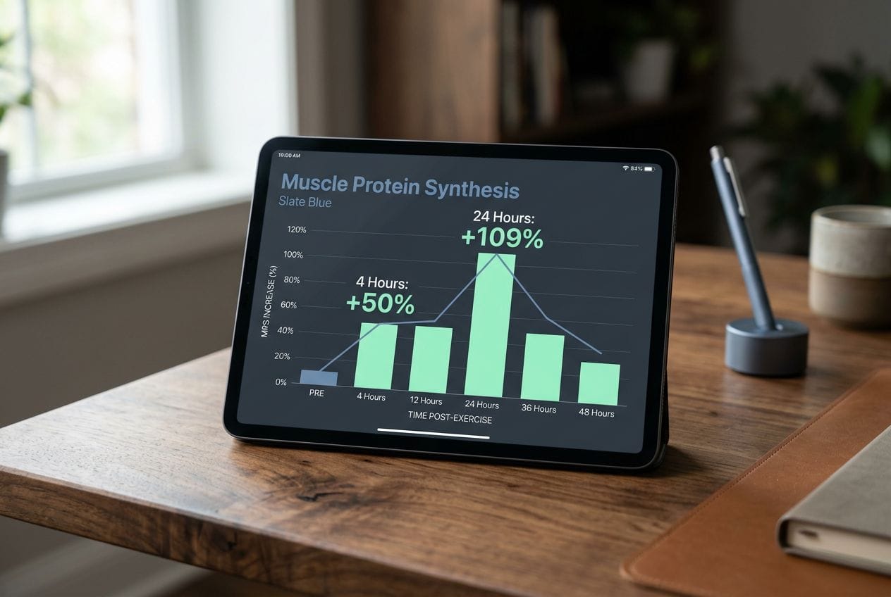 Digital display showing muscle protein synthesis statistics over time