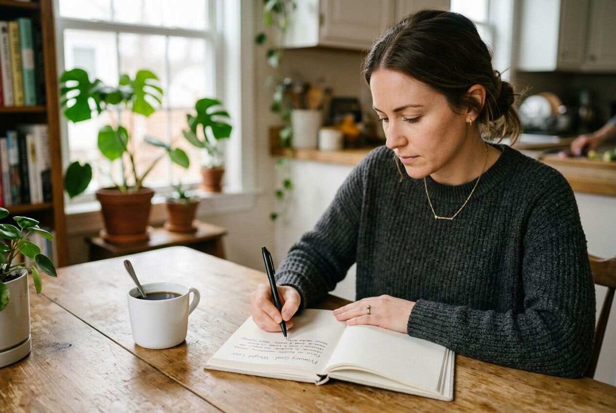 A person writing their primary fitness goal in a journal.