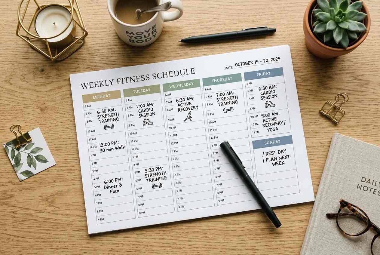 A visual weekly planner showing a balance of strength, cardio, and rest