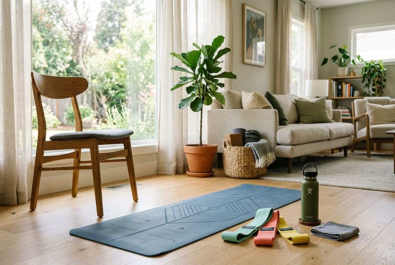 A simple home workout setup with a yoga mat and resistance bands.