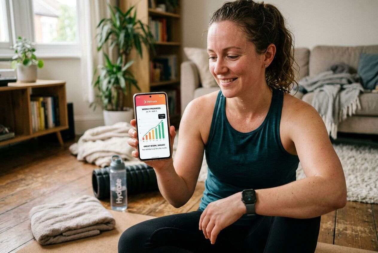 A person checking workout stats on a smartphone after exercising