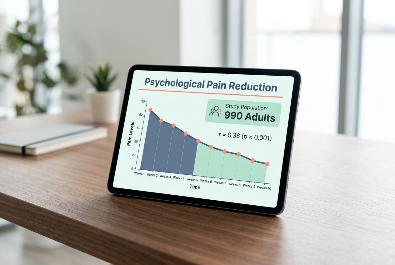 A tablet on a desk displaying data on mindful eating and reduced psychological pain.