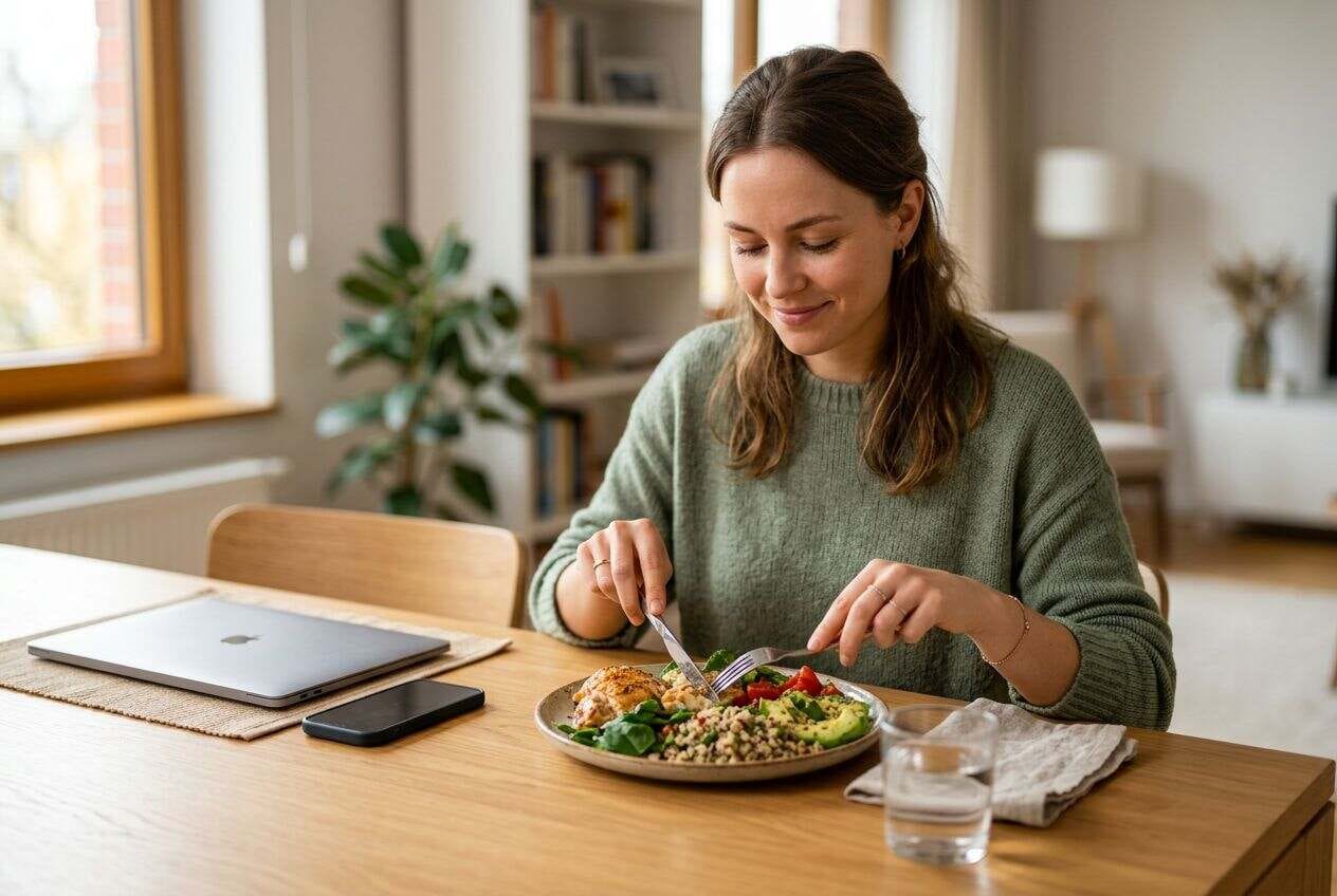 A person peacefully eating a healthy meal without any digital distractions.