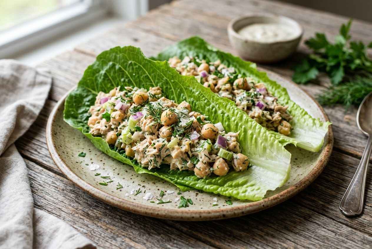 Close up of fresh chickpea-tuna salad lettuce wraps highlighting diverse textures.