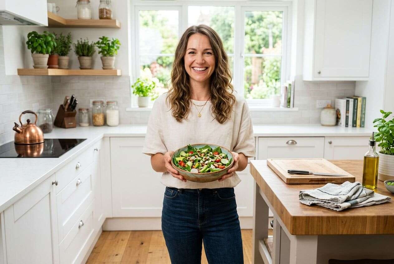 A smiling person holding a fresh salad in a bright kitchen.