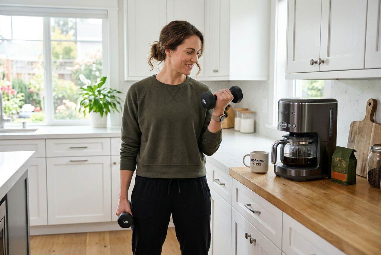 A person doing bicep curls in the kitchen while waiting for coffee to brew.
