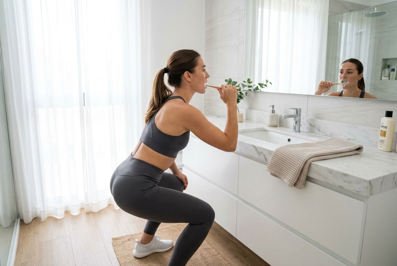 A woman performing squats while brushing their teeth in a modern bathroom.