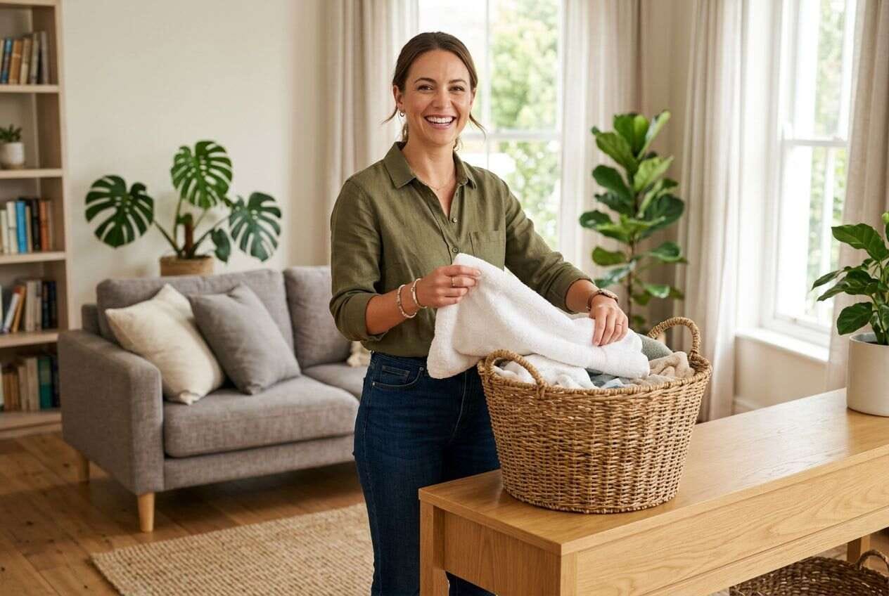 A smiling person folding laundry with excellent posture in a bright living room.