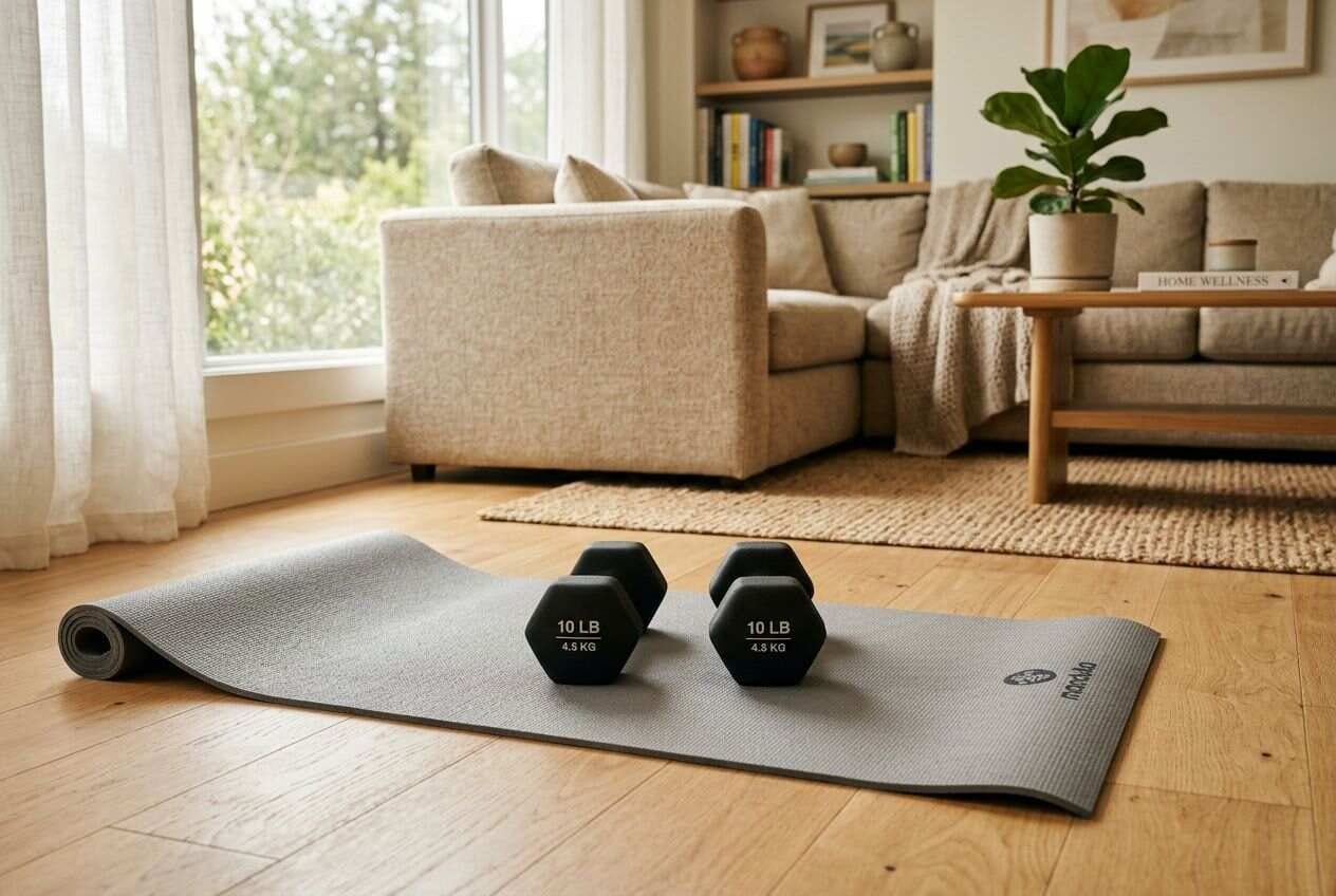A pair of 10-pound dumbbells resting on a yoga mat in a sunlit living room.