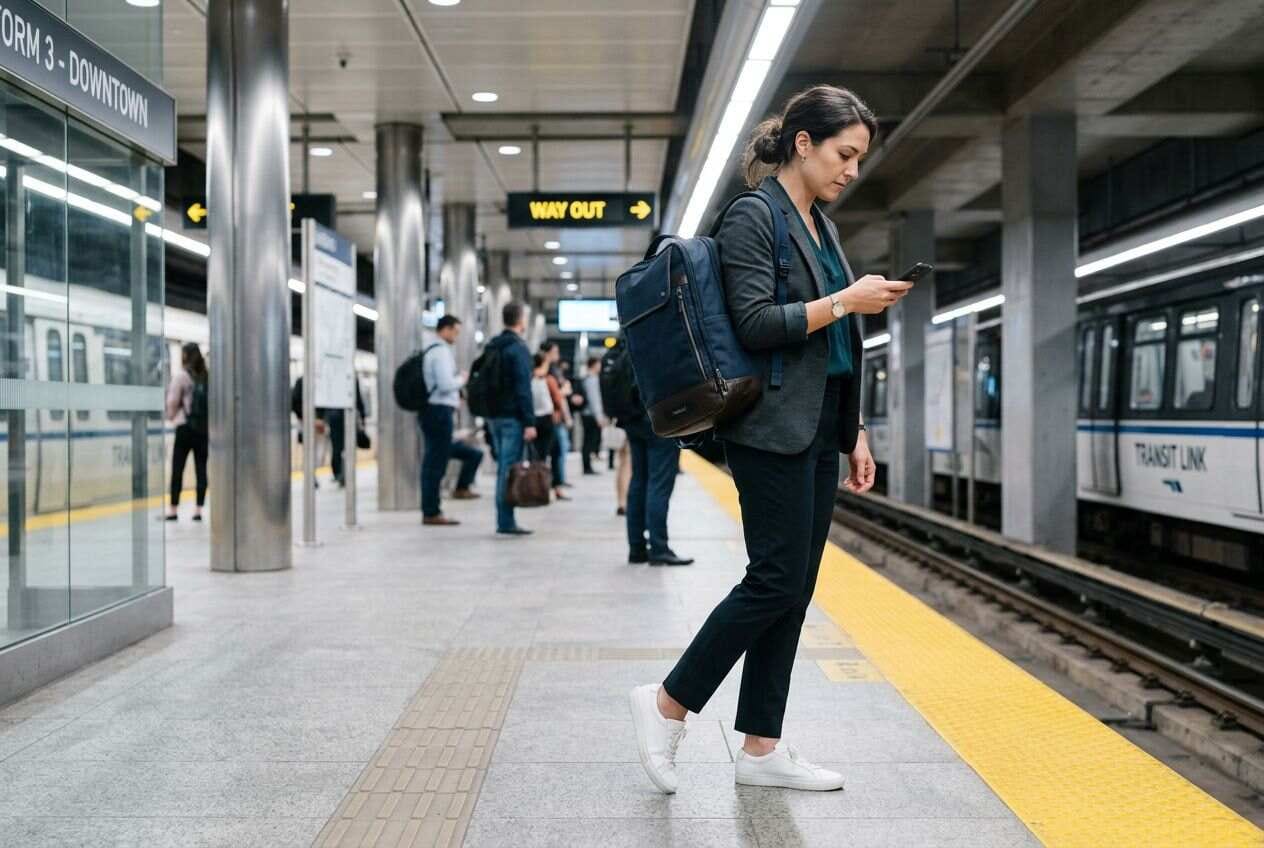 A commuter wearing a backpack doing subtle calf raises on a train platform.