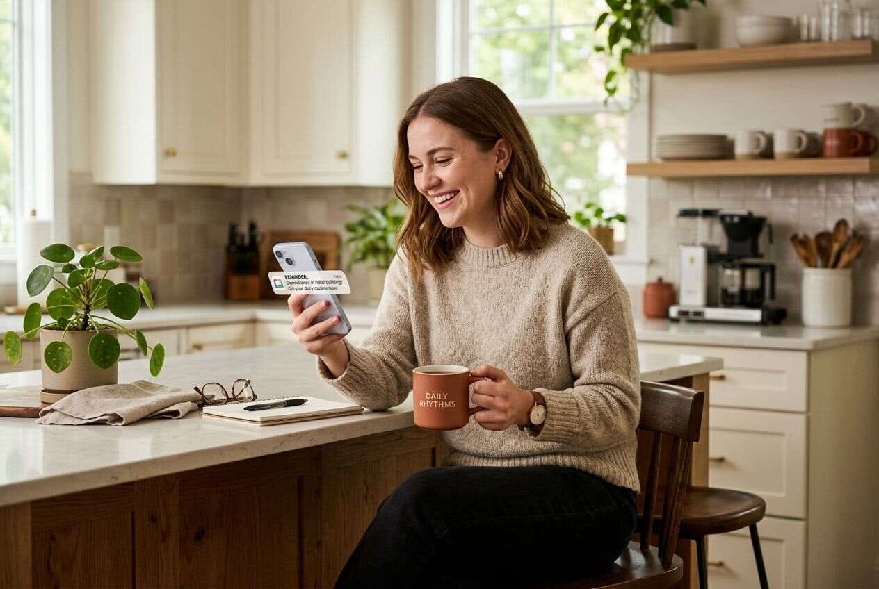 A person checking a daily workout alert on their smartphone while holding a coffee mug.