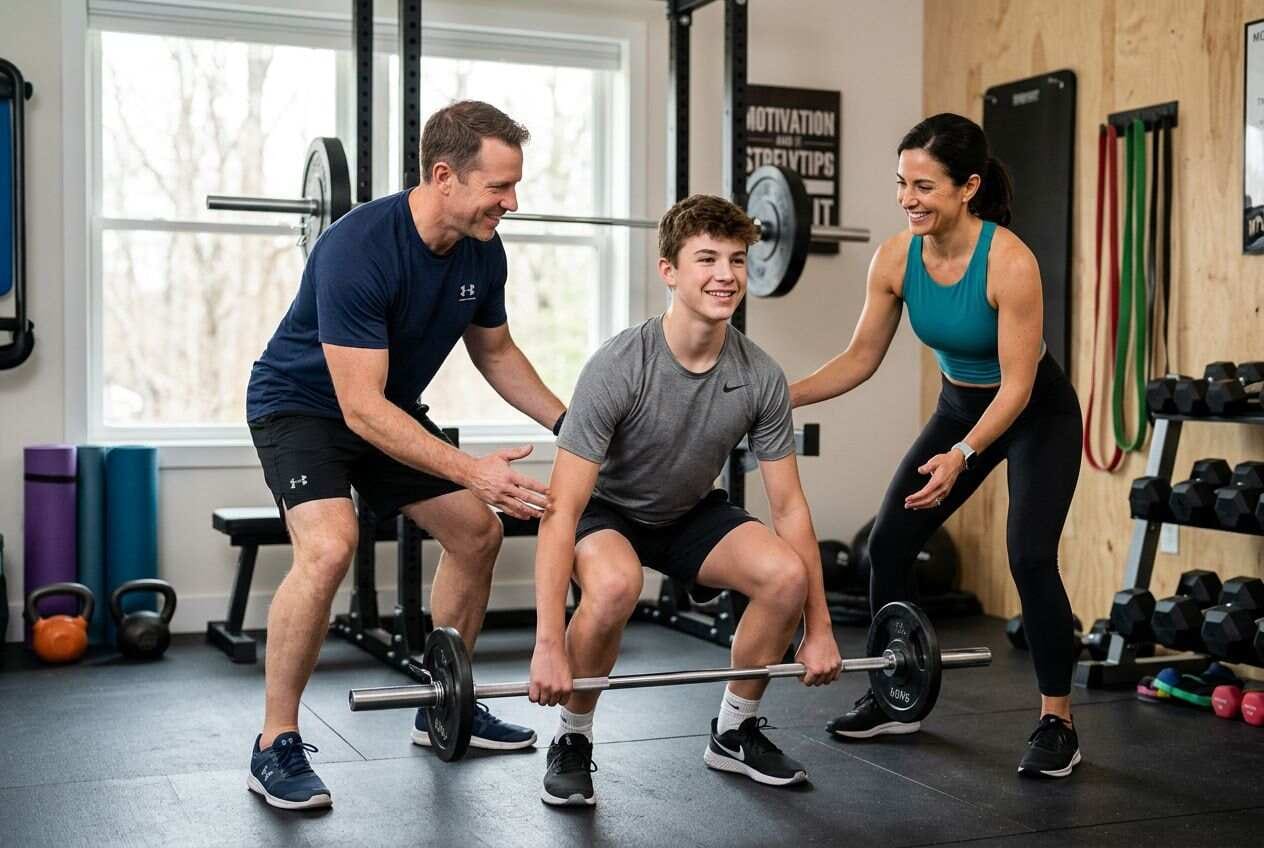A father and his teenage child smiling while practicing strength training together at home.
