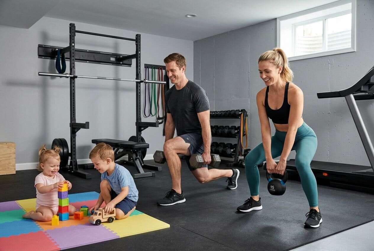A parent working out in a basement home gym while their young child plays safely nearby.