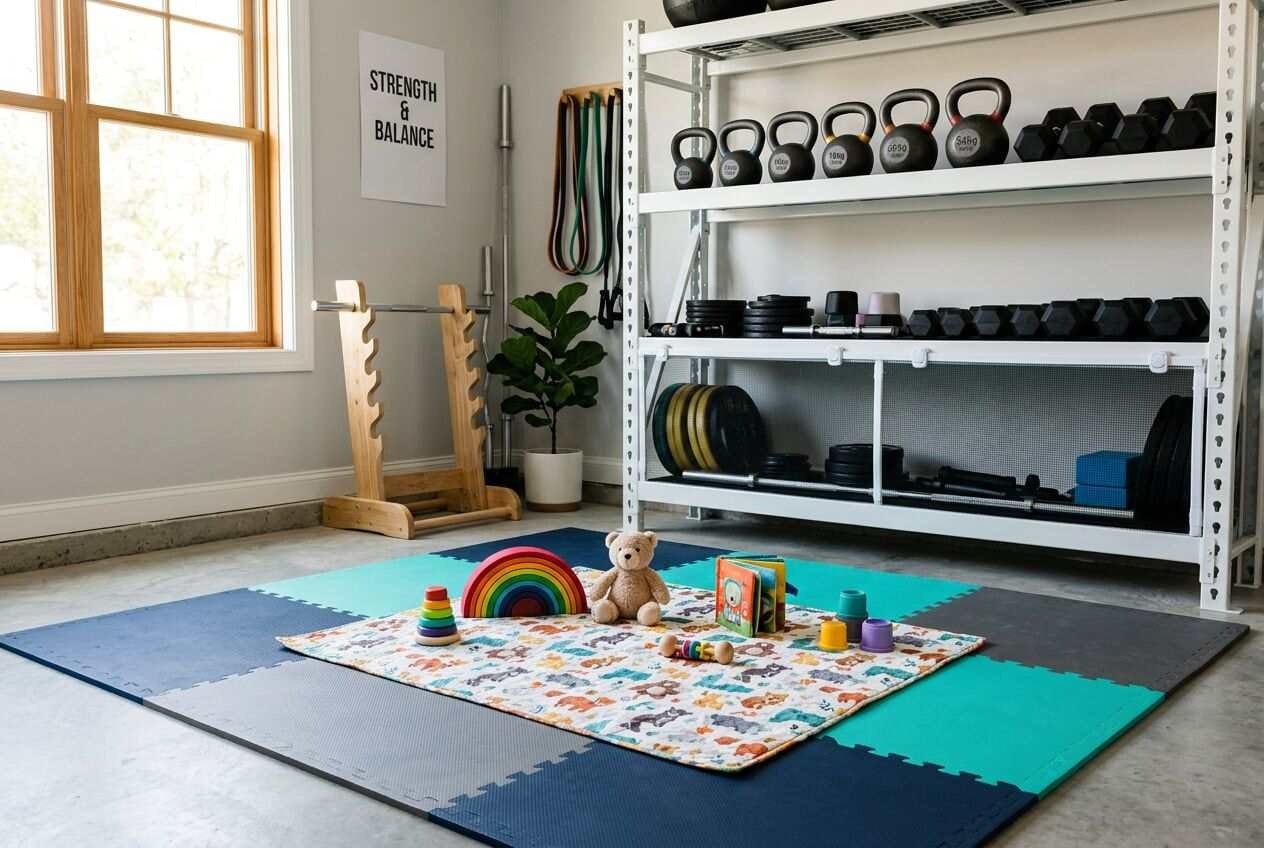 A safe, kid-proofed home gym with soft mats on the floor and heavy weights stored safely on high shelves.