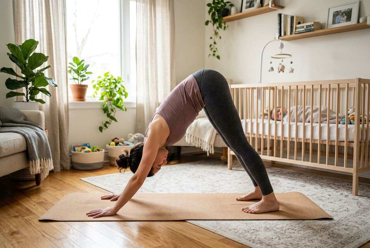 A mother doing a quick yoga workout in the living room while her baby sleeps in a crib nearby.