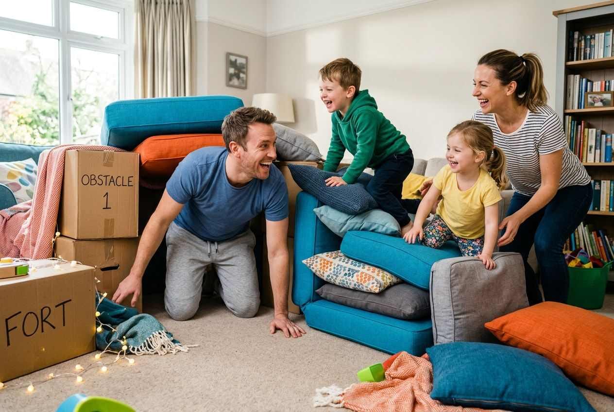 A family having fun navigating an indoor obstacle course made of cushions and boxes in their living room.