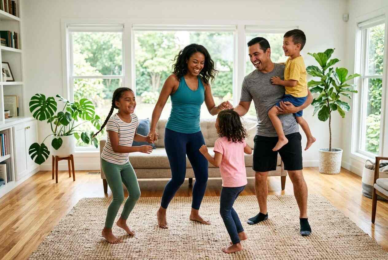 A family dancing with the kids in the living room.