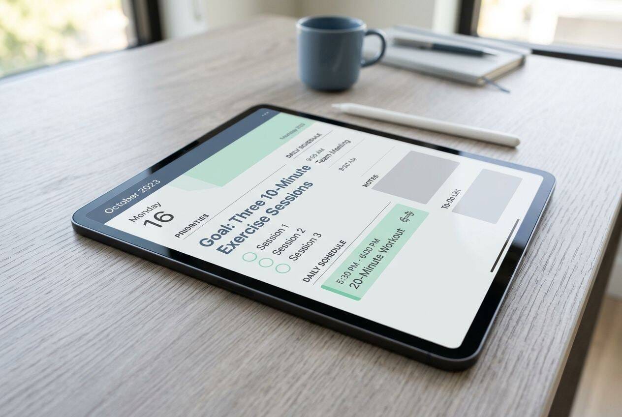 A 10 minute exercise planner on a table