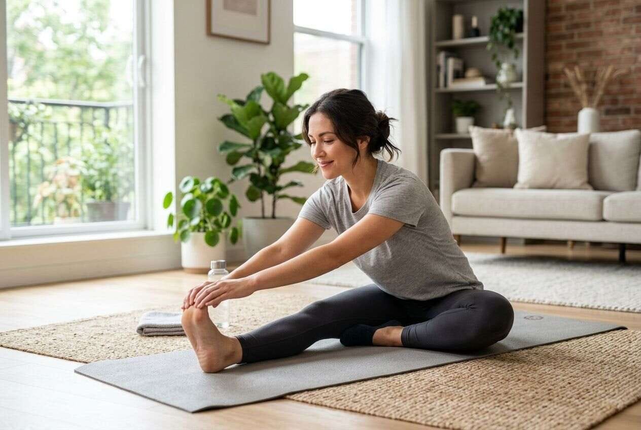 A woman doing light stretching on her living room floor