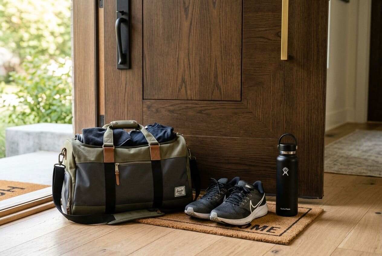 A packed gym bag, sneakers and a water bottle sitting at the door.