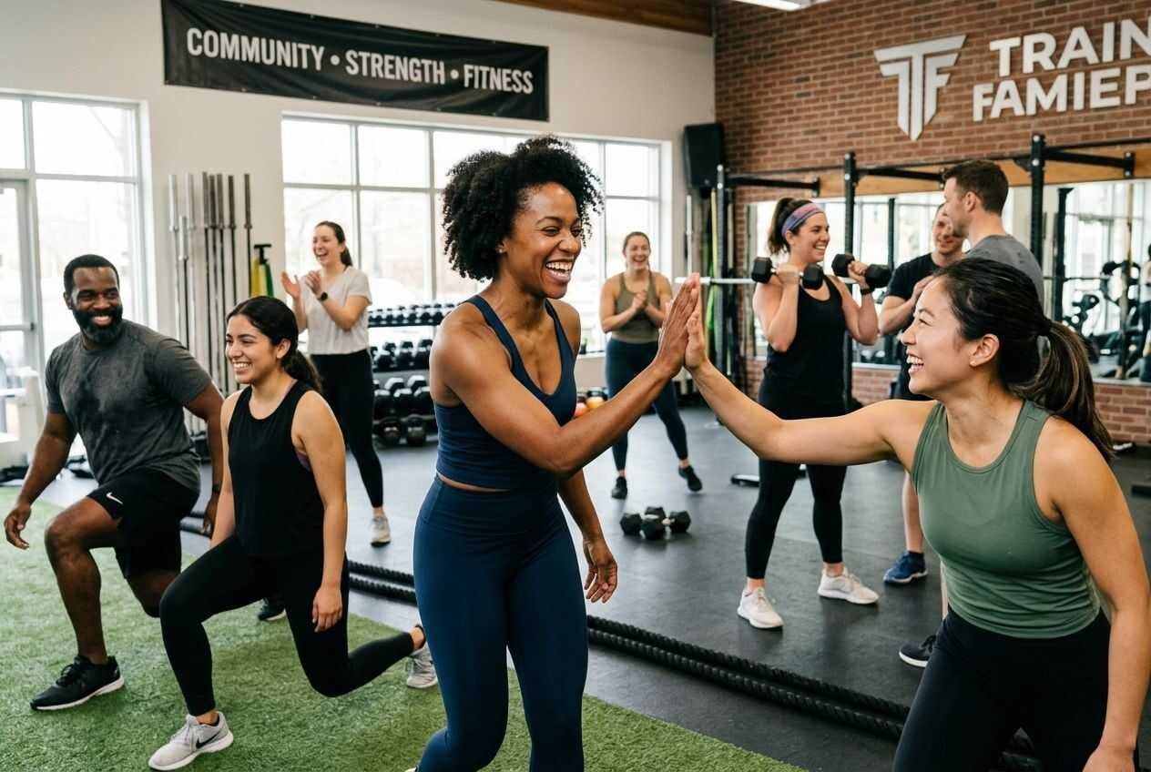 A fitness instructor interacting with a diverse group in a community workout