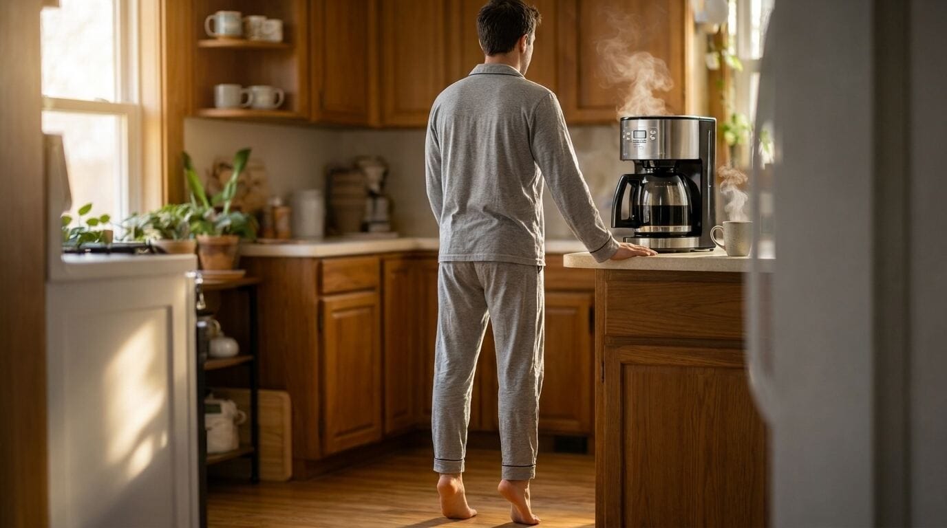 A man in pajamas doing calf raises in his kitchen