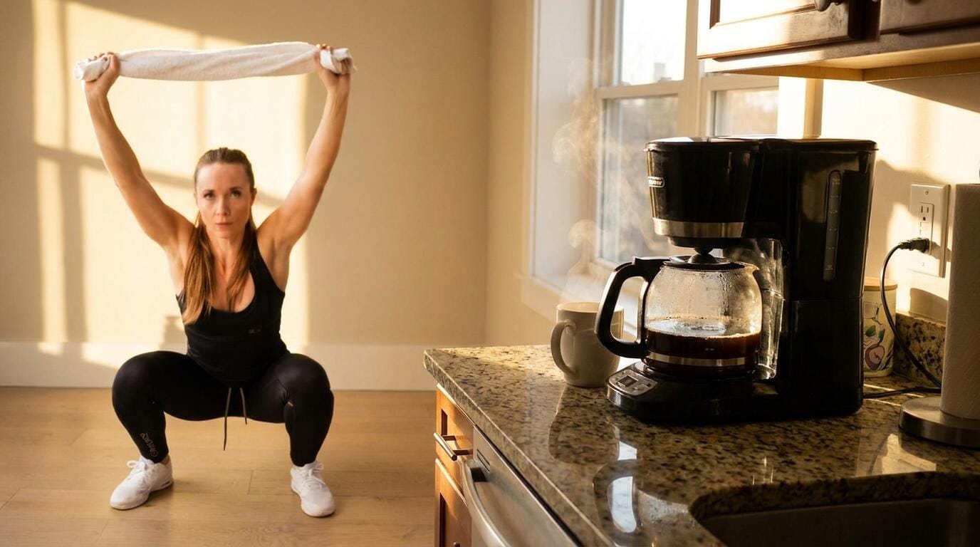 A person holding a deep squat position while coffee brews