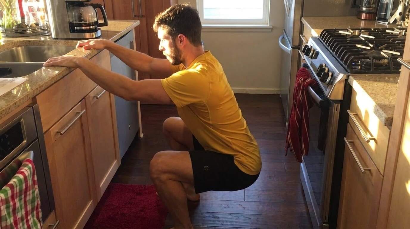 A person holding a deep squat position while coffee brews